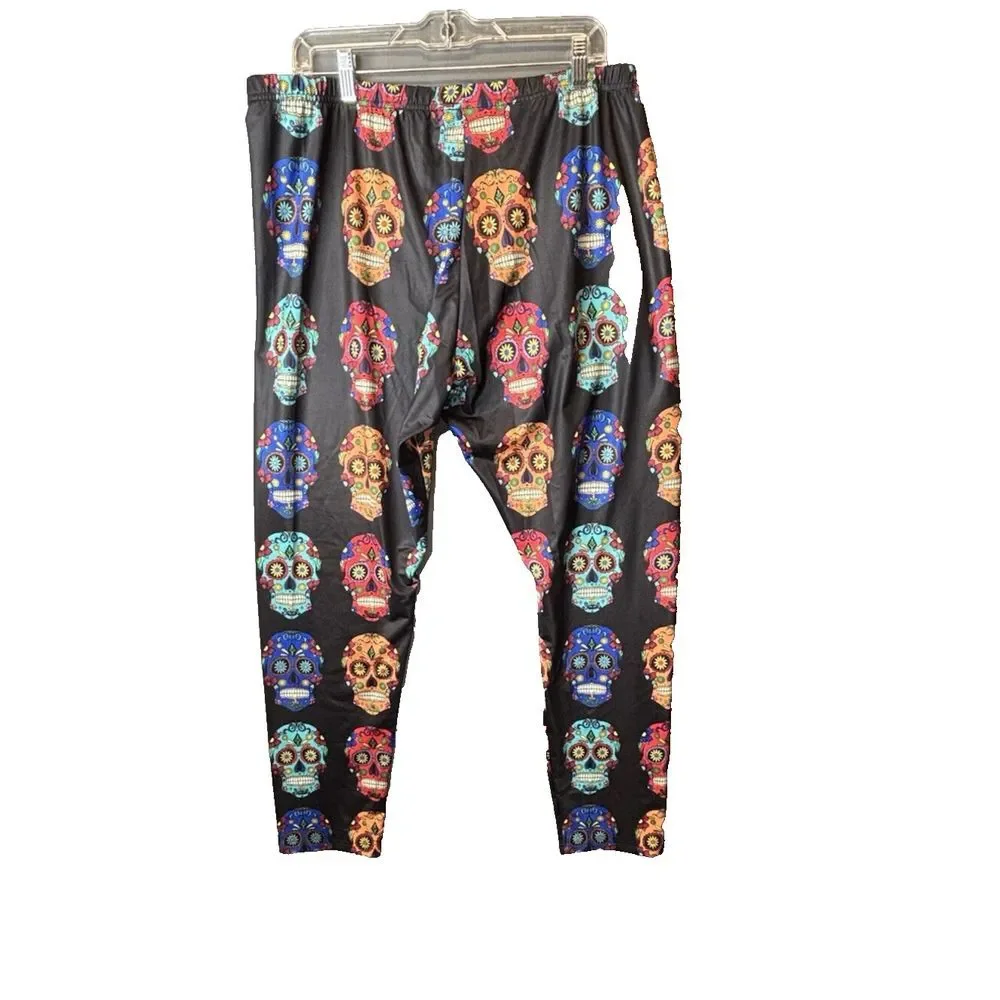 Halloween Sugar Skulls Black Leggings Womens Size XXX-Large‎ NWOT READ